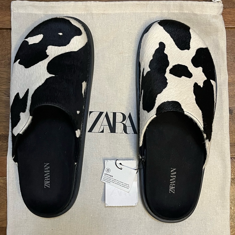 Zara Man Black and White Cow Pattern Mules